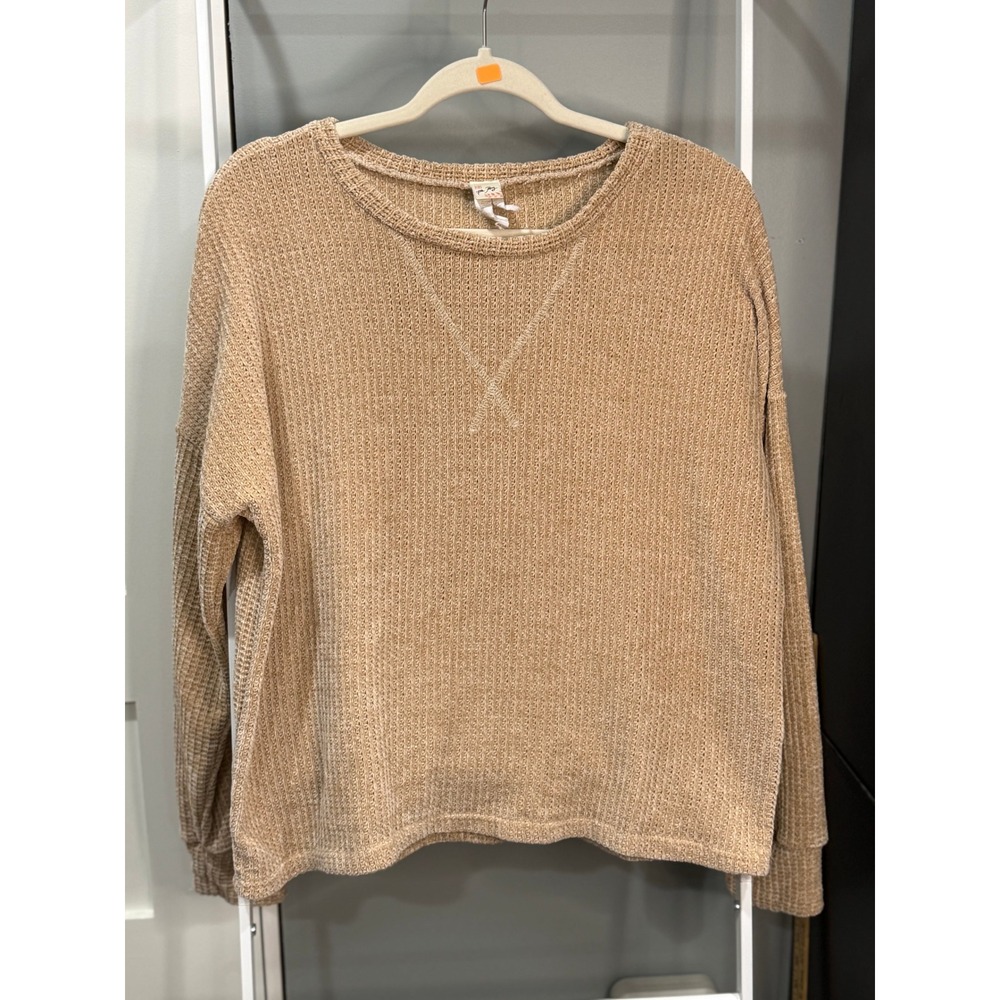 7th Ray Tan Chenille Waffle Knit Long Sleev Top Crew Neck S Gorpcore Granolachic